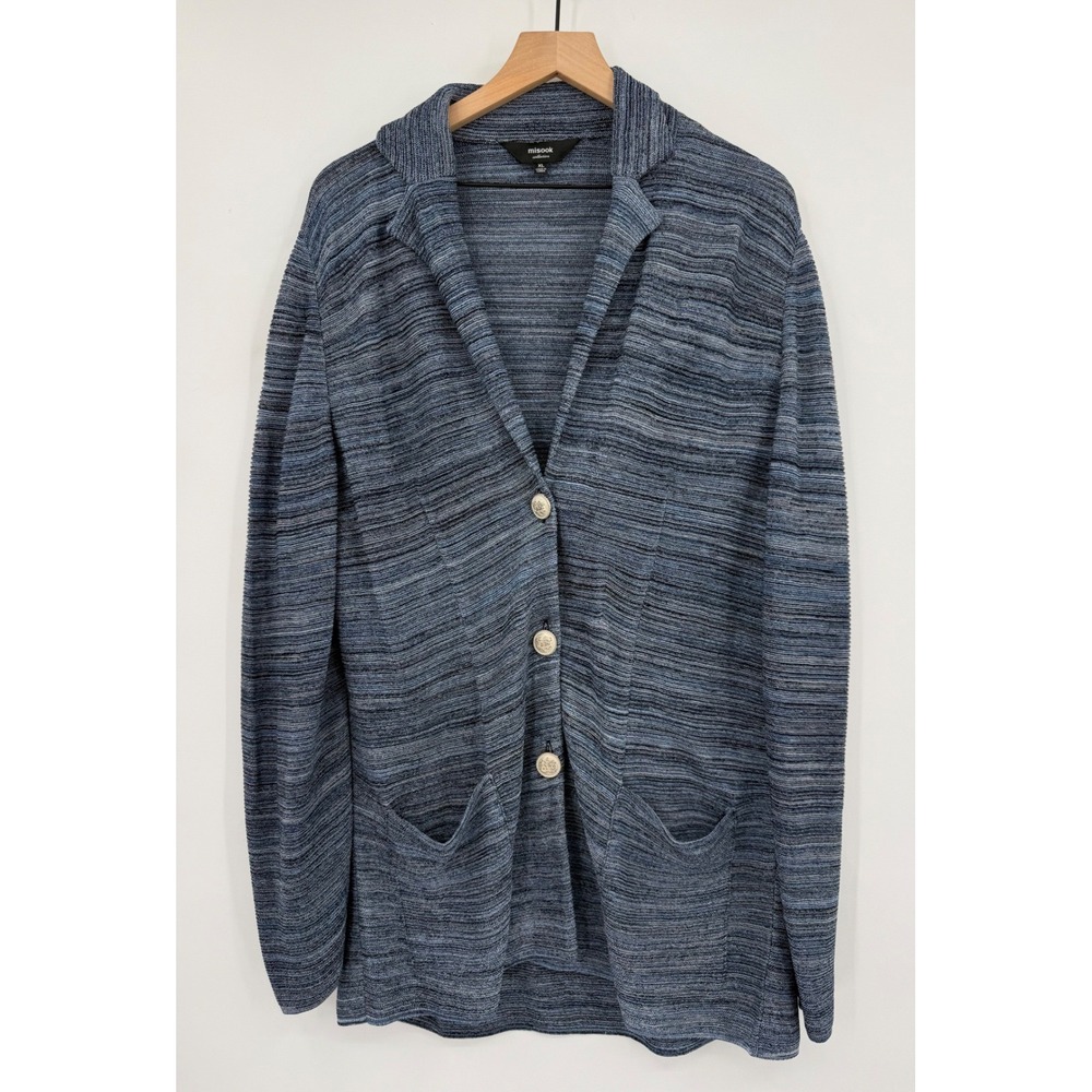 Misook Sweater Womens XL Blue Space Dye Knit Crest Button Long Sleeve Cardigan